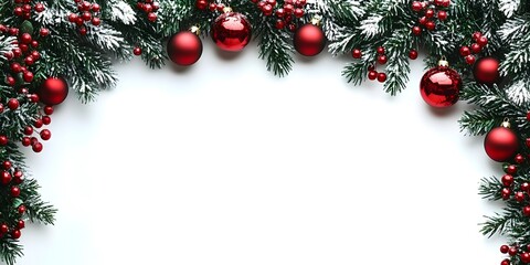 Beautiful Christmas frame featuring evergreen branches with red baubles and snowy accents, creating a joyful holiday ambiance