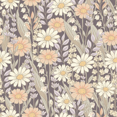 Vector vintage floral seamless pattern, cottagecore neutral colors textures