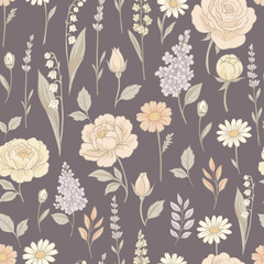Vector vintage floral seamless pattern, cottagecore neutral colors textures