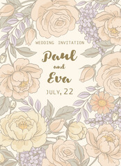 Vector vintage floral rustic greeting card, cottagecore neutral colors