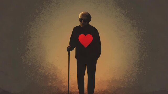 An elderly man with a heart symbol on his shirt, possibly indicating the importance of emotional care in end-of-life situations.