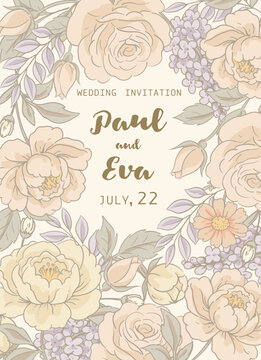 Vector vintage floral rustic greeting card, cottagecore neutral colors