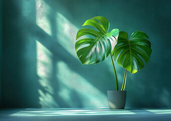 Still life. Monstera leaf on a solid background.