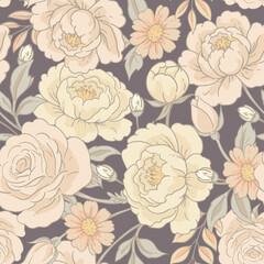 Vector vintage floral seamless pattern, cottagecore neutral colors textures