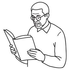 Old Black man reading a book thoughtfully in a minimalist style