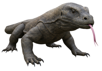 Isolated Detailed Komodo Dragon Walking Slowly with Tongue Out