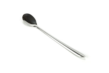 Elegant silver metal spoon for tea or coffee. Realistic cutlery utensil or tableware object for...