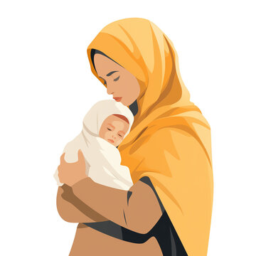 Muslim mother embracing her newborn baby in soft yellow shawl  