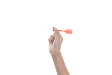 Female hand holding a red plastic dart, ready for a game or to aim at a target. The object is isolated on white background with clipping path.