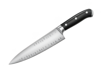 Professional chef knife with dimpled blade and black handle isolated on transparent background