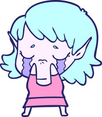 cartoon crying elf girl in bright neon color