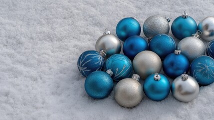 Silver and blue ornaments scattered across snowy ground with space