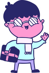 cartoon boy wearing spectacles carrying gift in bright neon color