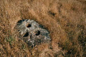 Native American Grinding Stones Amidst Golden Grass in the East Bay, California