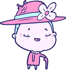 cartoon old woman with walking stick in bright neon color