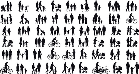 Silhouettes of parents walking with children, biking, and using strollers, family outdoor activities, vector illustration, isolated on white background