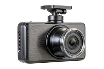 Modern automotive dash cam with a textured black casing and a prominent lens isolated on transparent background