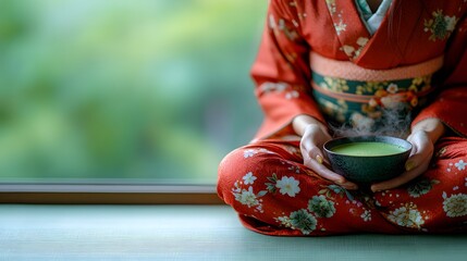 Woman in Traditional Kimono Enjoying Hot Matcha Tea in Serene Setting