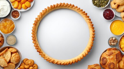 Top-down image of classic Thanksgiving food with blank space in center
