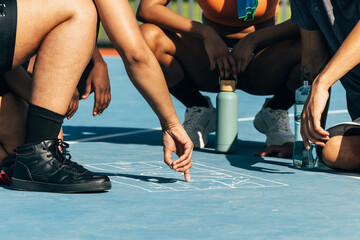 Team strategy session on outdoor basketball court