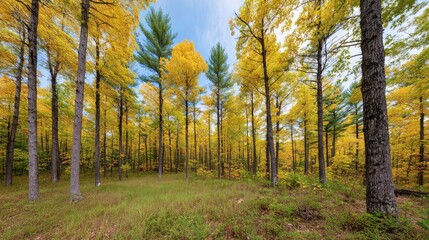 Fototapeta premium Wide angle shot of a forest clearing with vibrant foliage and room for copy in the foreground