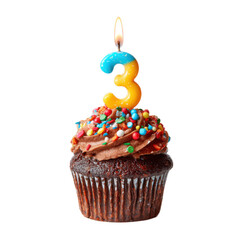 Birthday cake with a lit candle on top that says 3