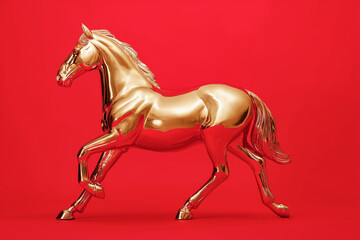 A stunning golden horse sculpture stands out against a vibrant red background, showcasing elegance and artistry in a modern design.