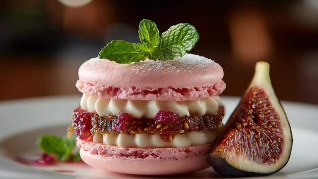 pink fig macaron with white cream and jig jam , fresh cut fig 