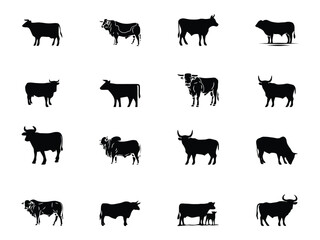 Farmer with Cow Silhouette Set Rural Life Vector Collection Cow Scene Black Silhouette Bundle