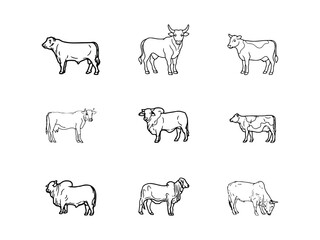 Cow Ouline Silhouette icon Set Collection Cow Scene Black Silhouette Bundle