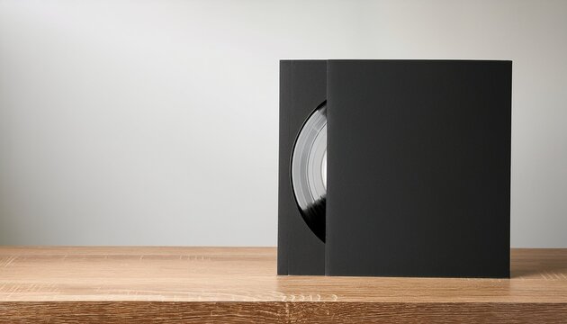 blank vinyl record cover mockup with partially visible black disc on wooden table against neutral background for branding or design presentation