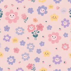 Kawaii Flower Pattern Wallpaper – Soft Pastel Seamless Vector on Pink