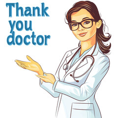 Female doctor smiling and gesturing while wearing glasses and a lab coat  