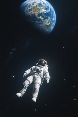 Fototapeta premium Astronaut Floating in Deep Space, Earth Visible Above, Starry Background