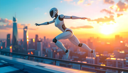 Futuristic Robot Leaping Across City Rooftop at Sunrise