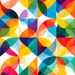 Vibrant geometric pattern with overlapping circles and triangles in a kaleidoscope of colors