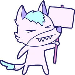 angry wolf cartoon with placard in bright neon color