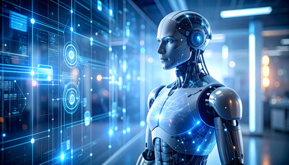 Naklejka premium Futuristic humanoid robot with glowing circuitry stands before holographic data display