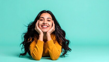 Smiling Young Woman with Long Wavy Hair in Yellow Sweater Against Mint Green Background
