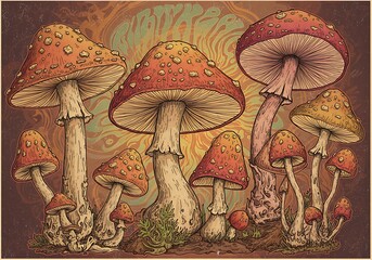Vintage Mushroom Field Illustration