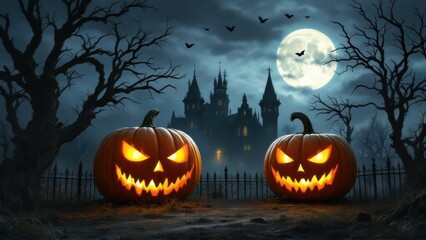 Halloween pumpkin head jack lantern with burning candles, Spooky Forest with a full moon and wooden table, Pumpkins In Graveyard In The Spooky Night - Halloween Backdrop. Ai Generative