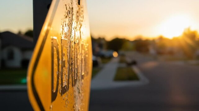 Close up sequence of weathered dead end street sign at sunset in suburban neighborhood