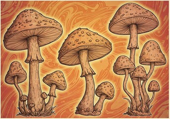 Mushroom Illustration with Warm Orange Background