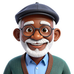 Joyful cartoon elderly black man with white beard glasses and a flat cap smiling warmly Isolated on transparent background
