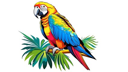 Obraz premium Colorful scarlet macaw parrot perched on a tropical branch, vector illustration on white background.