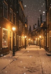 Snowy Street in Old Town at Night