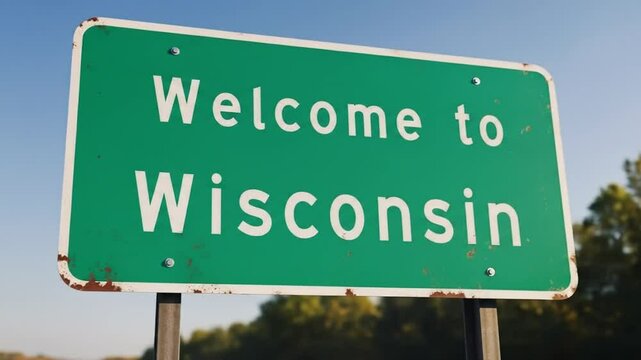 Detailed closeup sequence of weathered welcome to wisconsin sign outdoors in natural light