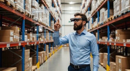 A man wearing a blue shirt and black pants, standing in a warehouse with shelves filled with boxes, using a virtual reality headset to interact with holographic data.