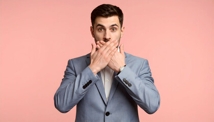 Surprised Brown Hair Man In Blue Suit Covering Mouth On Pink Backdrop Studio Shot