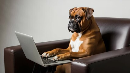 Brown Boxer Dog Sitting in a Brown Leather Chair Using a Laptop - Powered by Adobe